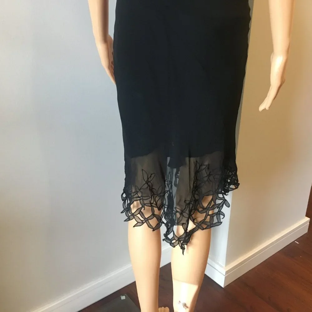 BCBGMaxAzria Silk Floral Lace-Trim Black Dress 0